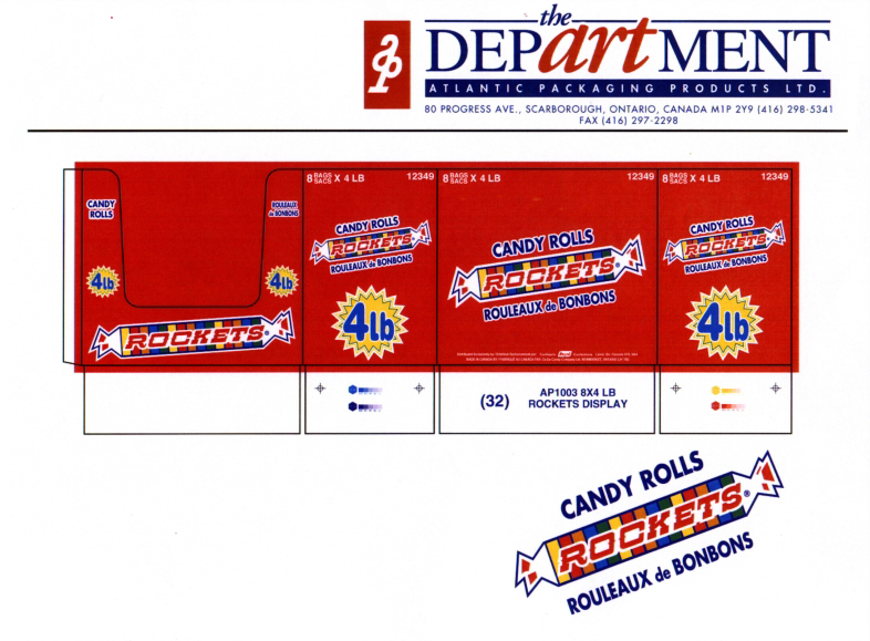 Diecut  colour design for corrugated box for a popular candy. Since the inks used were limited, I had to set up the print to combine various percentages of inks to achieve the new colours.